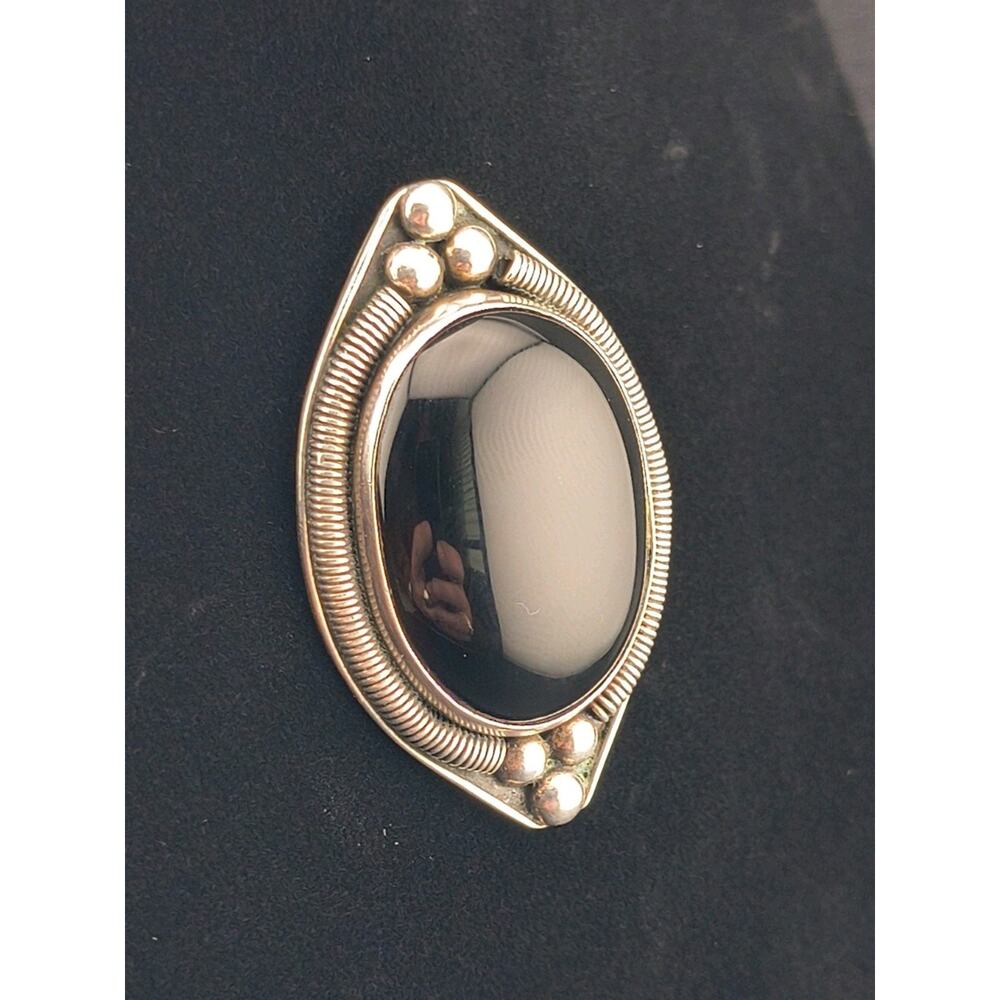Vintage 925 Sterling Silver Black Onyx Brooch Pin | Large Oval Cabochon | 18g